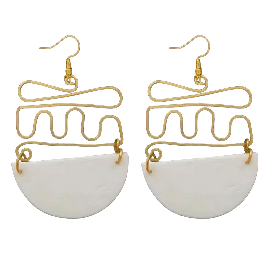 Pair of gold wire earrings with white half-circle stones on a transparent background