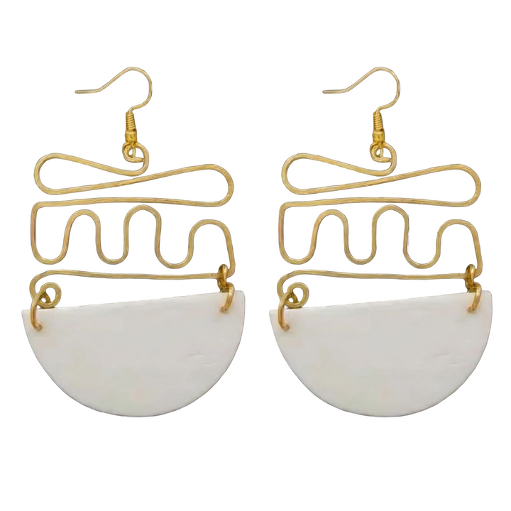 Pair of gold wire earrings with white half-circle stones on a transparent background