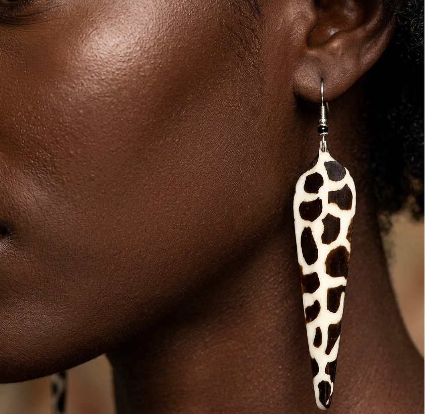 Close-up of a woman wearing a giraffe print earring.